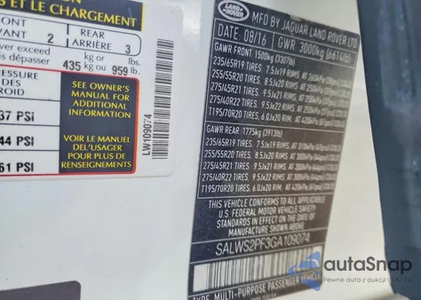 2016 Land Range Rove z USA, uszkodzony, nr VIN SALWS2PF3GA109074